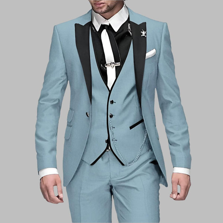 Stylish men's three piece suit for a wedding, featuring a waistcoat and tailored fit.