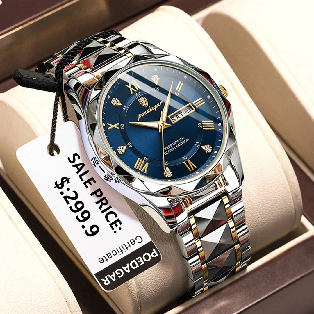 Men's luxury waterproof watch with luminous display & date function.
