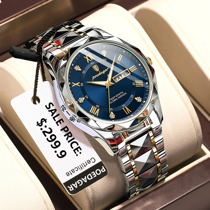 Men's luxury waterproof watch with luminous display & date function.