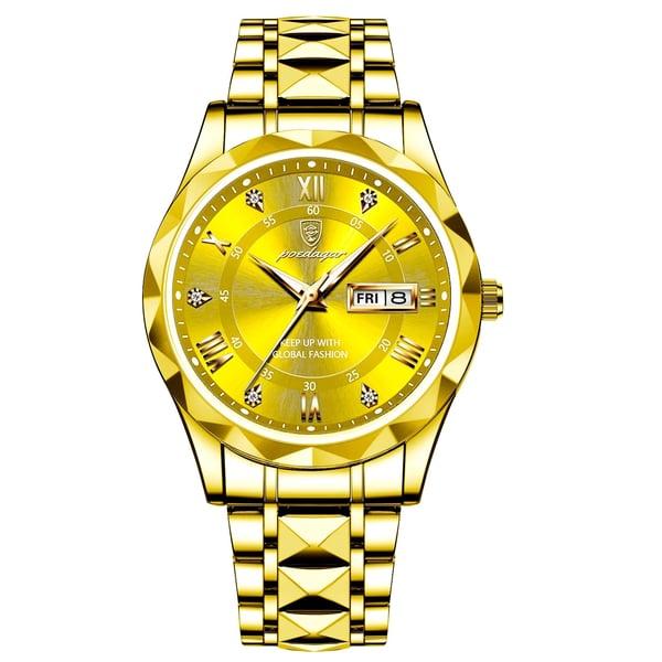 Stylish men's quartz watch, waterproof, with a luxurious gold tone case & luminous black dial.