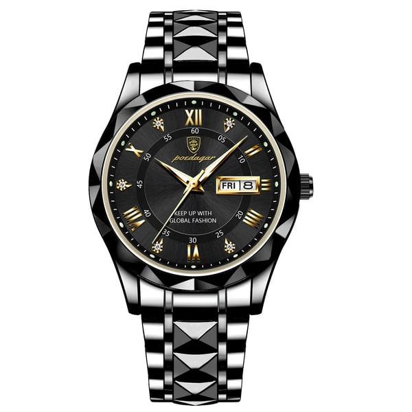 Men's waterproof elegant watch with a luminous black dial, gold trim, and convenient date window.