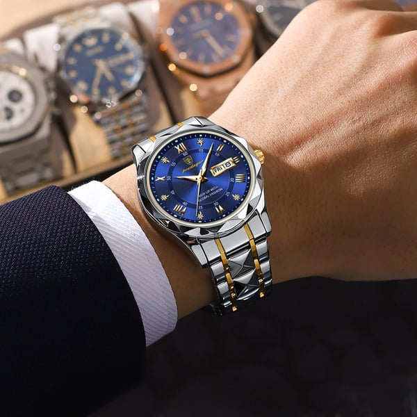 Durable men's dress watch, waterproof, gold tone case, luminous display, and practical date.