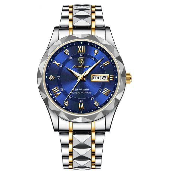 Sophisticated men's waterproof watch, gold finish, black face, luminous hour markers & date.