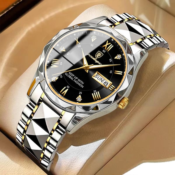 Elegant gold tone men's watch with waterproof design, luminous display, black dial, and date.
