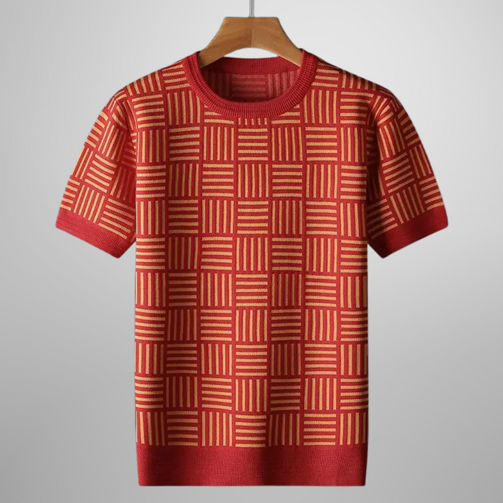 Men's fashion knit t-shirt showcasing ribbed cuffs and hem, designed for comfort and modern style.