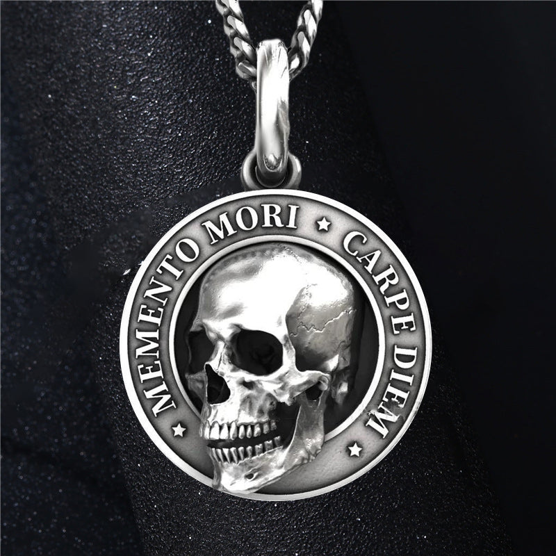Titanium steel men's Memento Mori skull pendant, rocker and biker jewelry, symbolic necklace