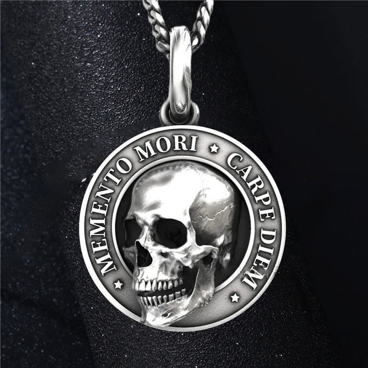 Titanium steel men's Memento Mori skull pendant, rocker and biker jewelry, symbolic necklace