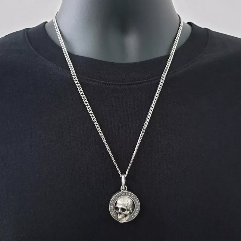 Detailed men's skull pendant, Memento Mori necklace crafted from durable titanium steel