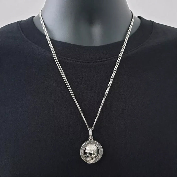 Detailed men's skull pendant, Memento Mori necklace crafted from durable titanium steel