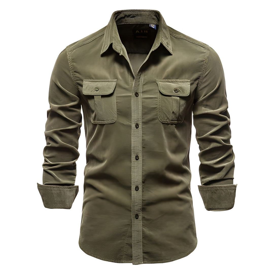 Men's military style long sleeve button-down shirt in olive green for casual wear