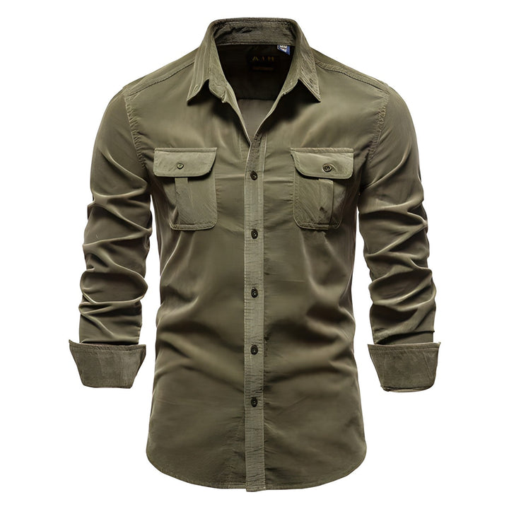 Men's military style long sleeve button-down shirt in olive green for casual wear