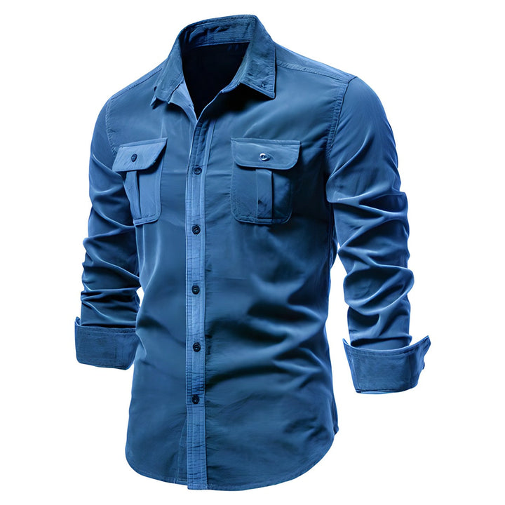 Close-up of a men's military-inspired long sleeve casual shirt with detailed buttons