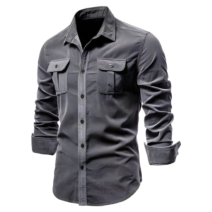 Full view of a men's long sleeve military style shirt in a versatile khaki color for daily wear