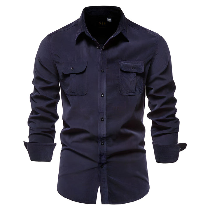 Men's stylish long sleeve casual button-down shirt in military green, perfect for a rugged look