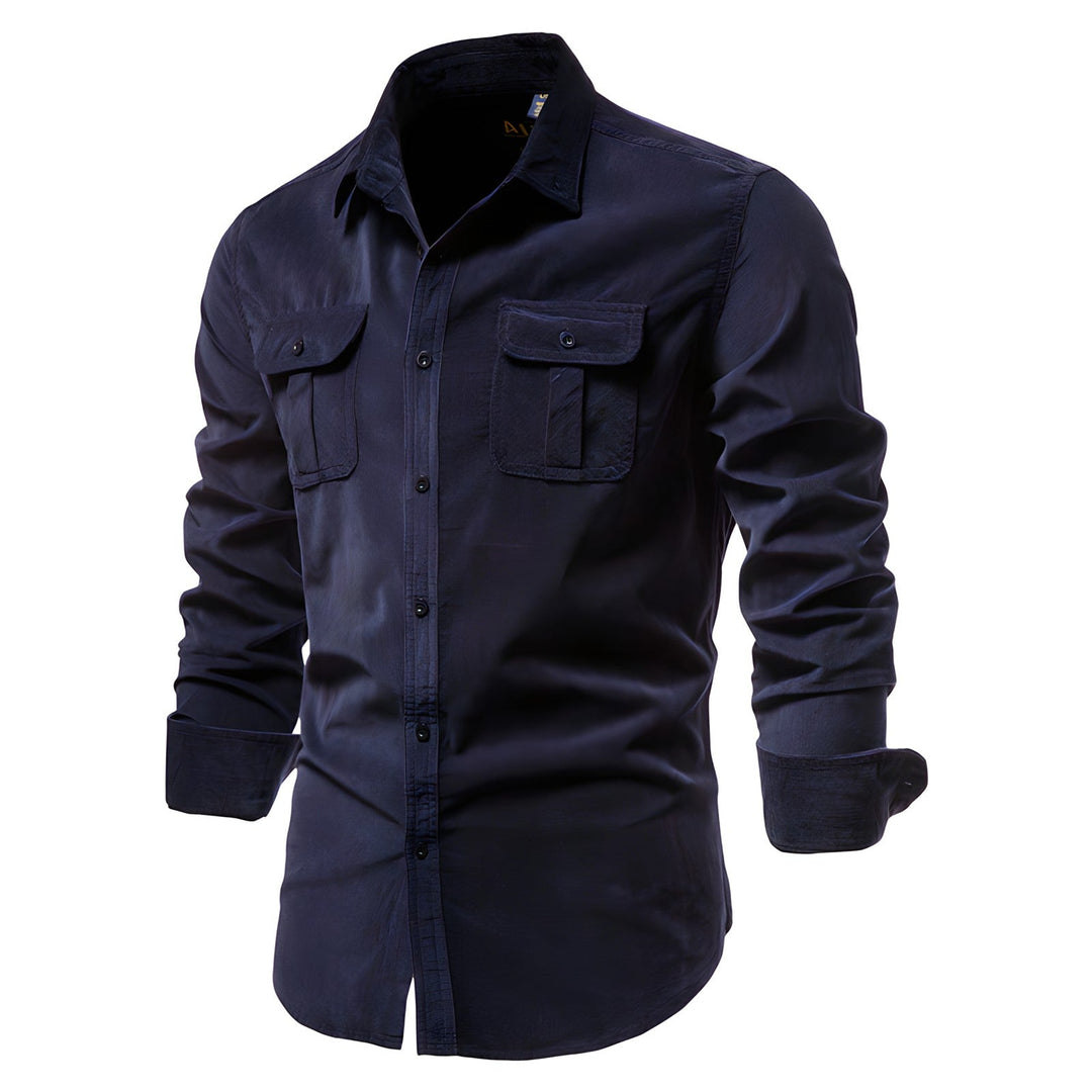 Front view of a men's durable long sleeve military style shirt, suitable for casual fashion