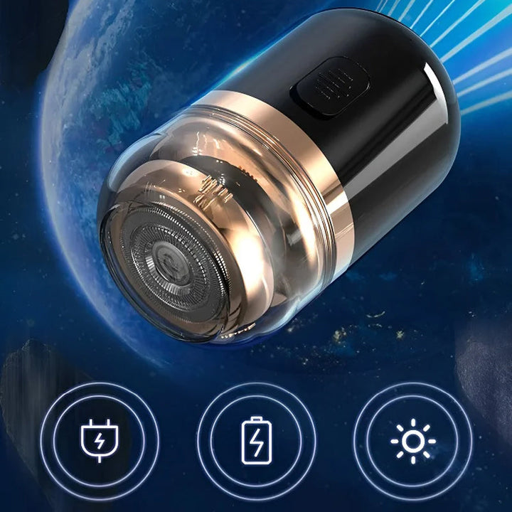 Rechargeable mini grooming tool for men, emphasizing its long-lasting battery life for travel
