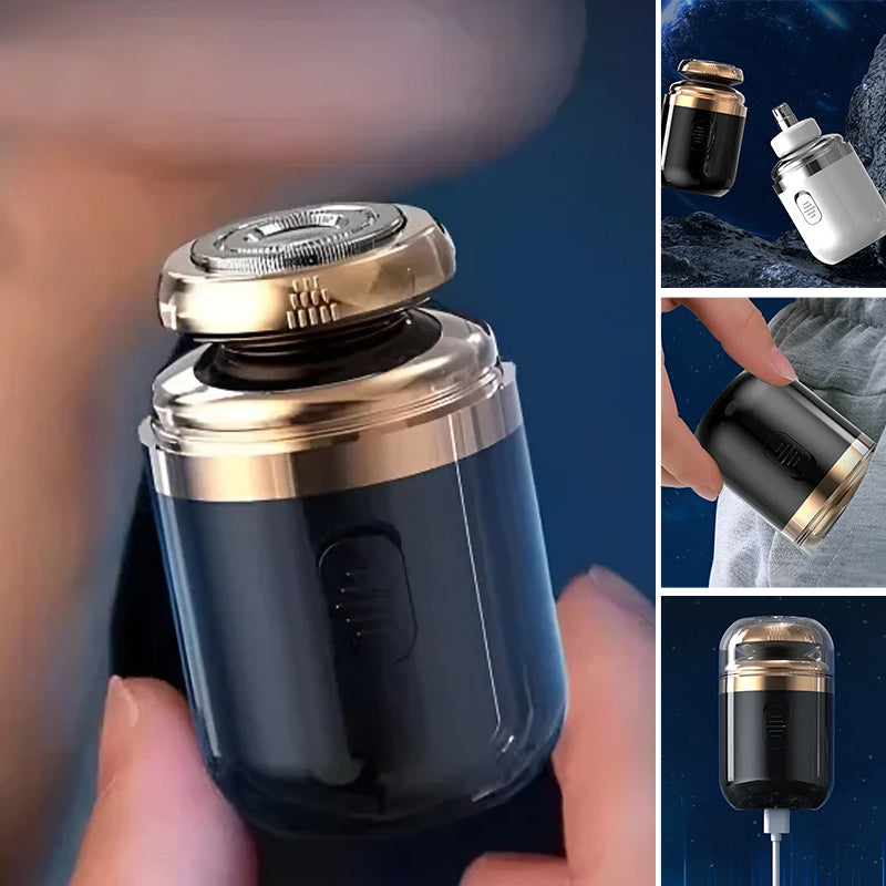 Men's portable electric shaver, shown with charging cable, ready for worldwide travel