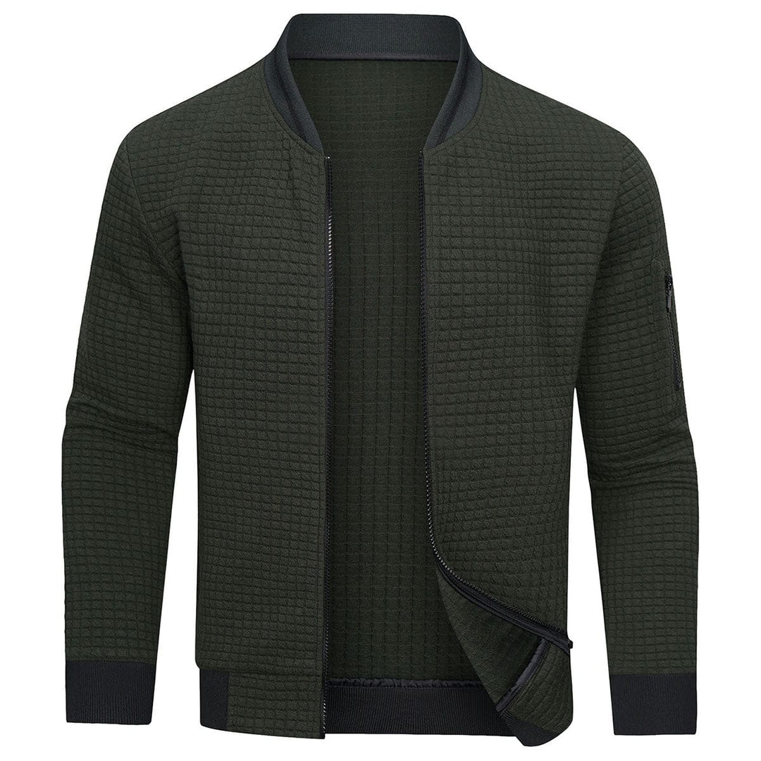 Modern men's full-zip textured grid cardigan, a stylish long-sleeve layering piece for contemporary fashion.