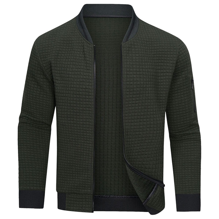 Modern men's full-zip textured grid cardigan, a stylish long-sleeve layering piece for contemporary fashion.