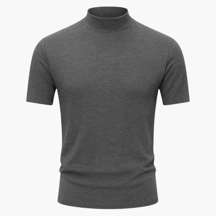 Stylish men's mock neck tee, slim fit, short sleeve. A versatile top for contemporary men's apparel.