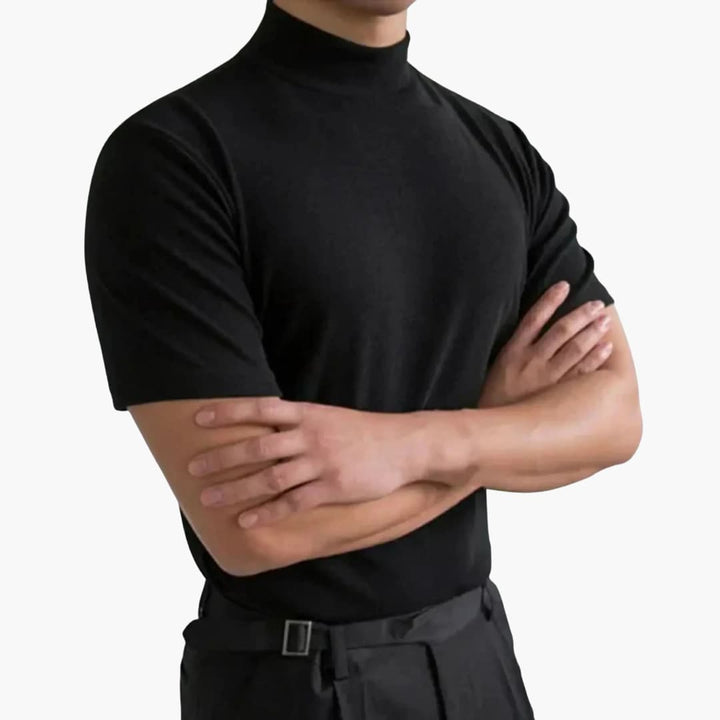 Men's apparel: a sleek slim fit short sleeve mock neck t-shirt, ideal for versatile everyday style.