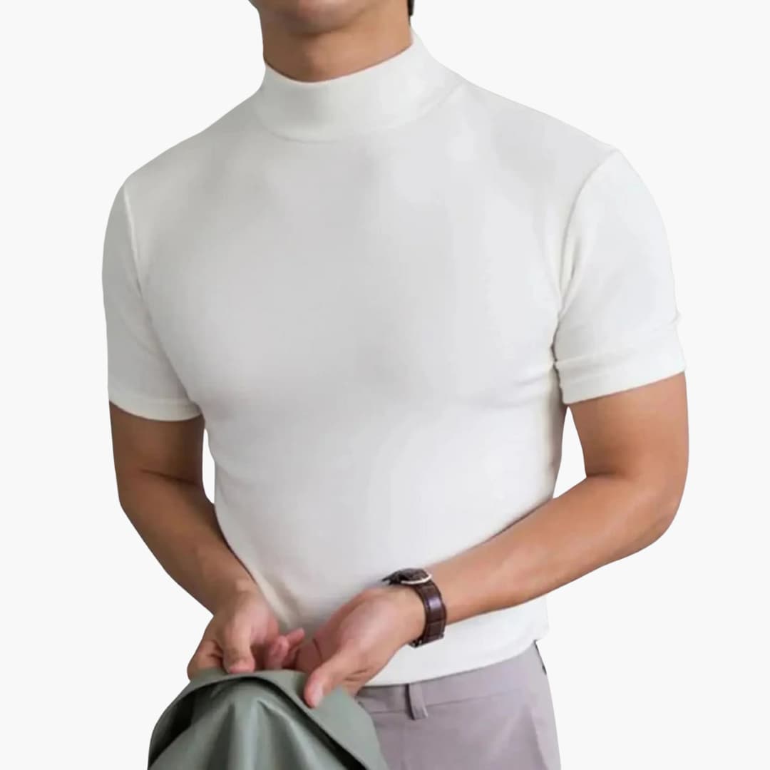 Contemporary men's mock neck short sleeve t-shirt with a comfortable slim fit, great for casual wear.
