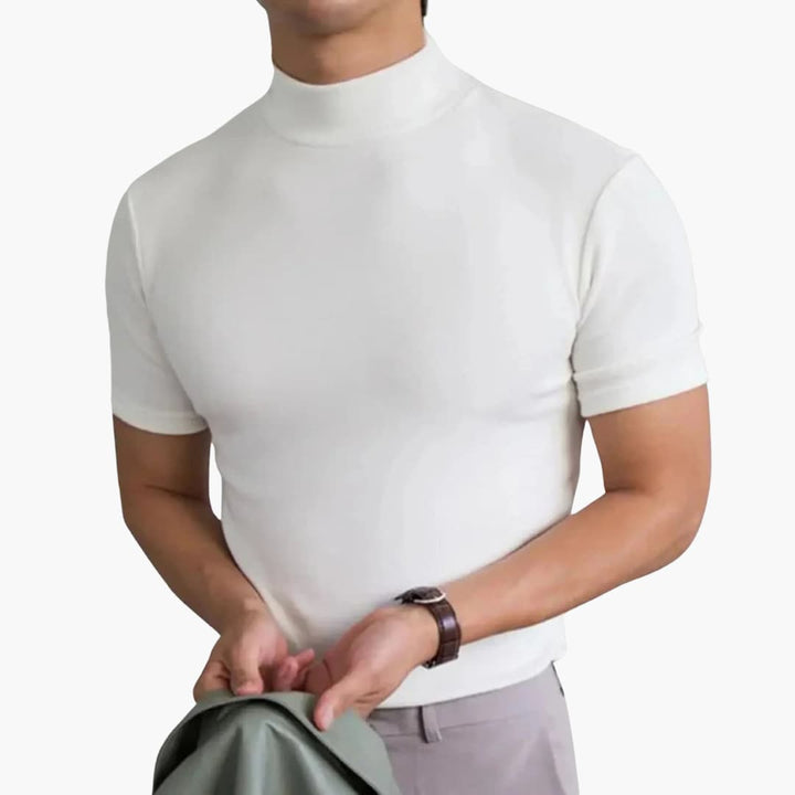 Contemporary men's mock neck short sleeve t-shirt with a comfortable slim fit, great for casual wear.