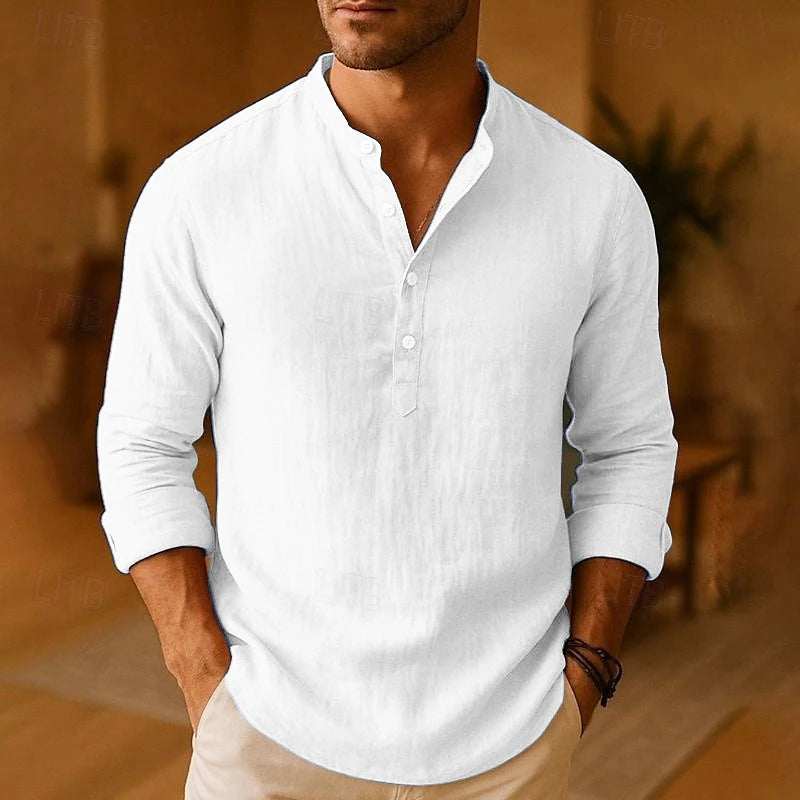 Comfortable men's long sleeve band collar button shirt for versatile casual and modern wear.