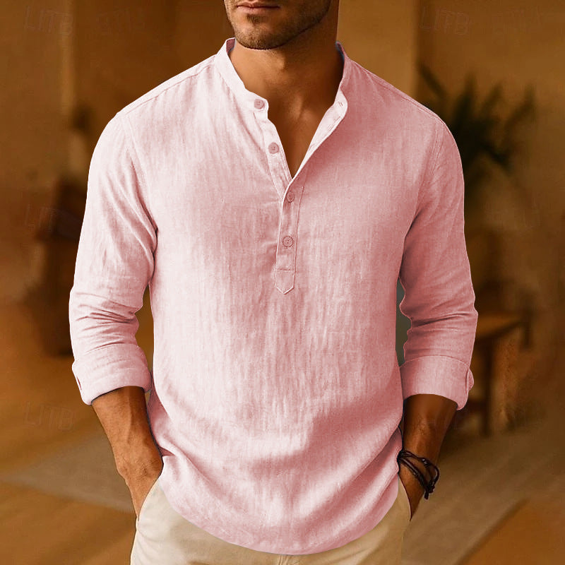 Versatile men's casual band collar shirt with long sleeves, perfect for layering or stand-alone style.