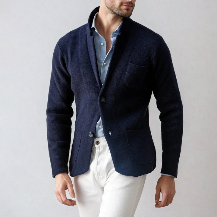 Beige men's knitwear cardigan, a versatile blazer-style sweater for modern casual looks.