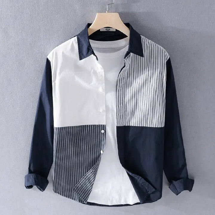 Contemporary casual men's shirt with a prominent contrast stripe panel on the front, comfortable cotton blend