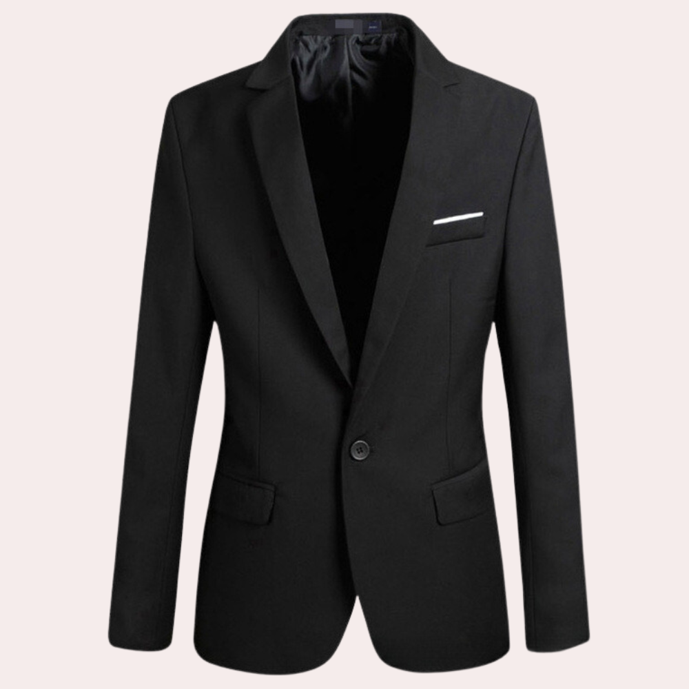 Men's modern fit elegant navy blue blazer, perfect for formal wear or business casual outfits, styled with a white shirt.
