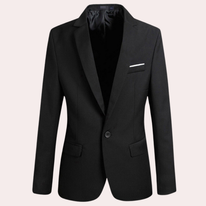 Men's modern fit elegant navy blue blazer, perfect for formal wear or business casual outfits, styled with a white shirt.