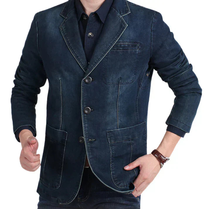 Men's Fashion Denim Blazer in a sophisticated dark blue, an essential smart casual outerwear piece