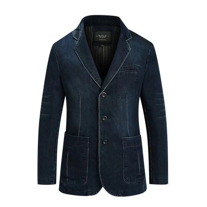 Men's Smart Casual Denim Blazer paired with a shirt, showcasing a modern fashionable outfit