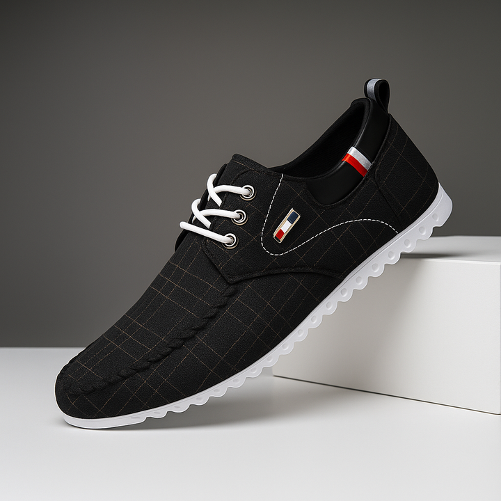 Close-up of the knit upper on Men's Modern Comfort Sneakers, highlighting the breathable fabric.