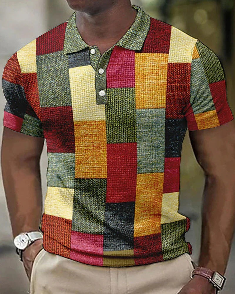 Breathable men's polo shirt, short sleeve, featuring a contemporary grid pattern and relaxed fit for summer comfort.