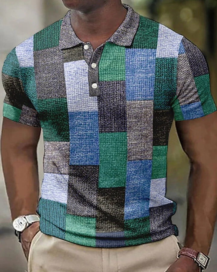 Men's casual short-sleeve polo shirt with a modern check pattern, designed for breathable comfort & summer wear.