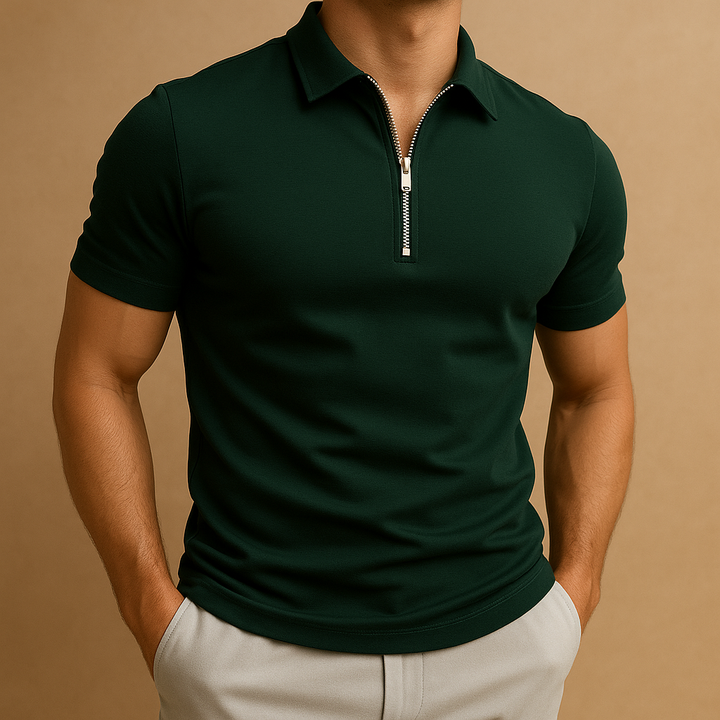 Versatile men's zipped polo shirt: modern slim fit, ideal for workwear, leisure, and casual fashion.