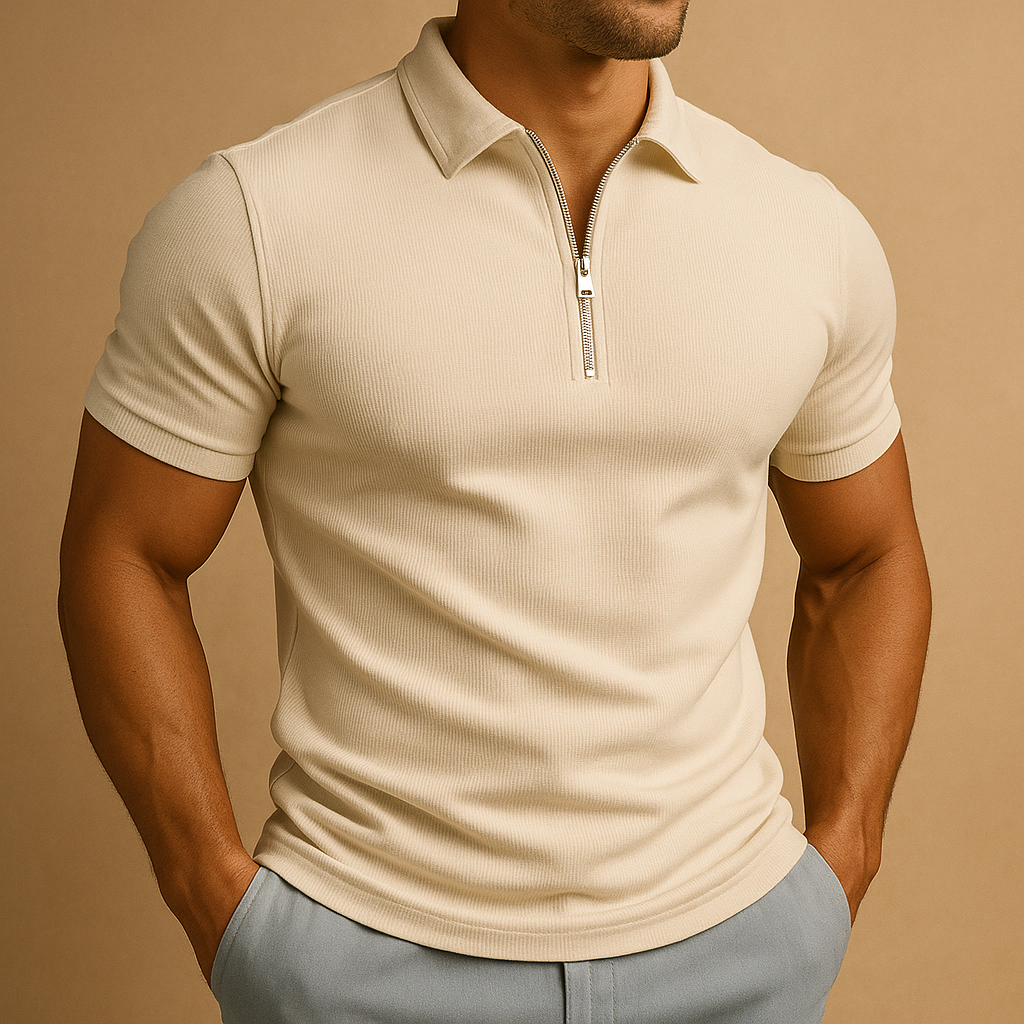 Performance men's zipped polo shirt: stain & odor resistant, slim fit for active modern comfort.