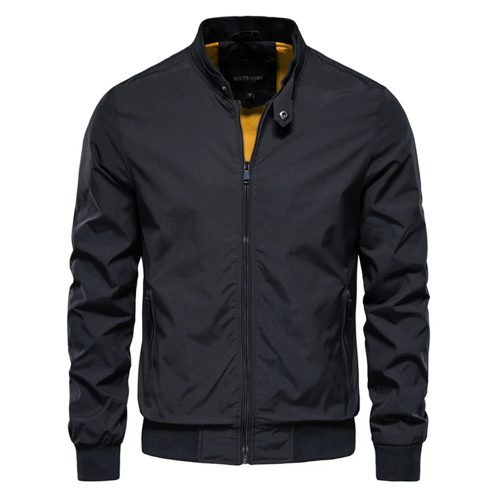 Men's Modern Urban Street Style Zip Jacket, black, full view, sleek design, lightweight outerwear