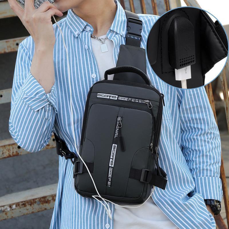 Men's multi-functional waterproof sling bag with USB port, black, worn across chest for daily commute