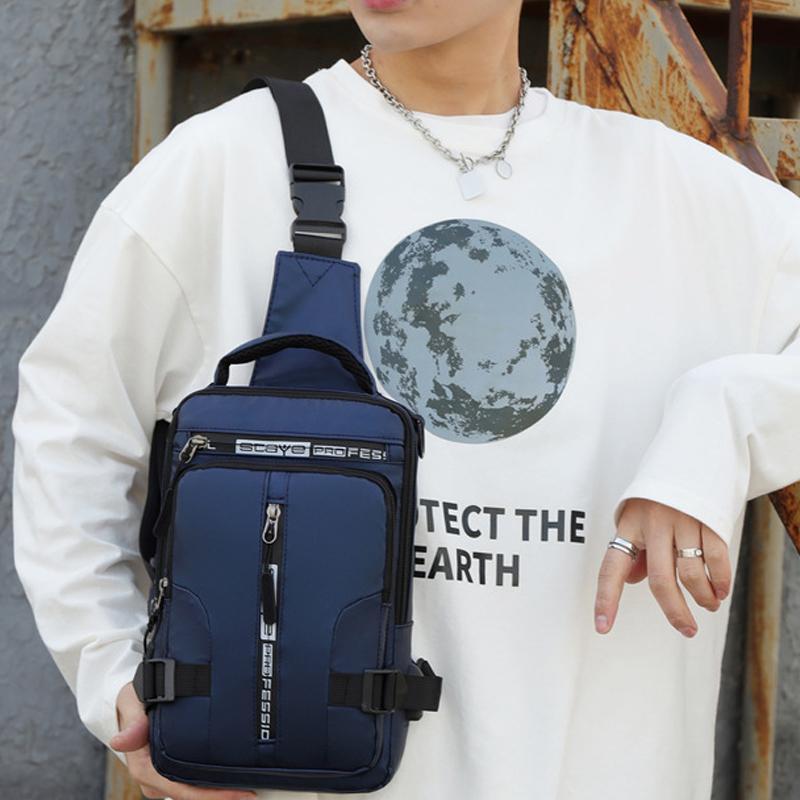 Lifestyle image of a man using his multi-functional sling bag as a travel companion with easy access pockets