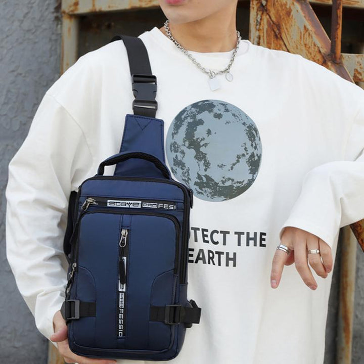 Lifestyle image of a man using his multi-functional sling bag as a travel companion with easy access pockets