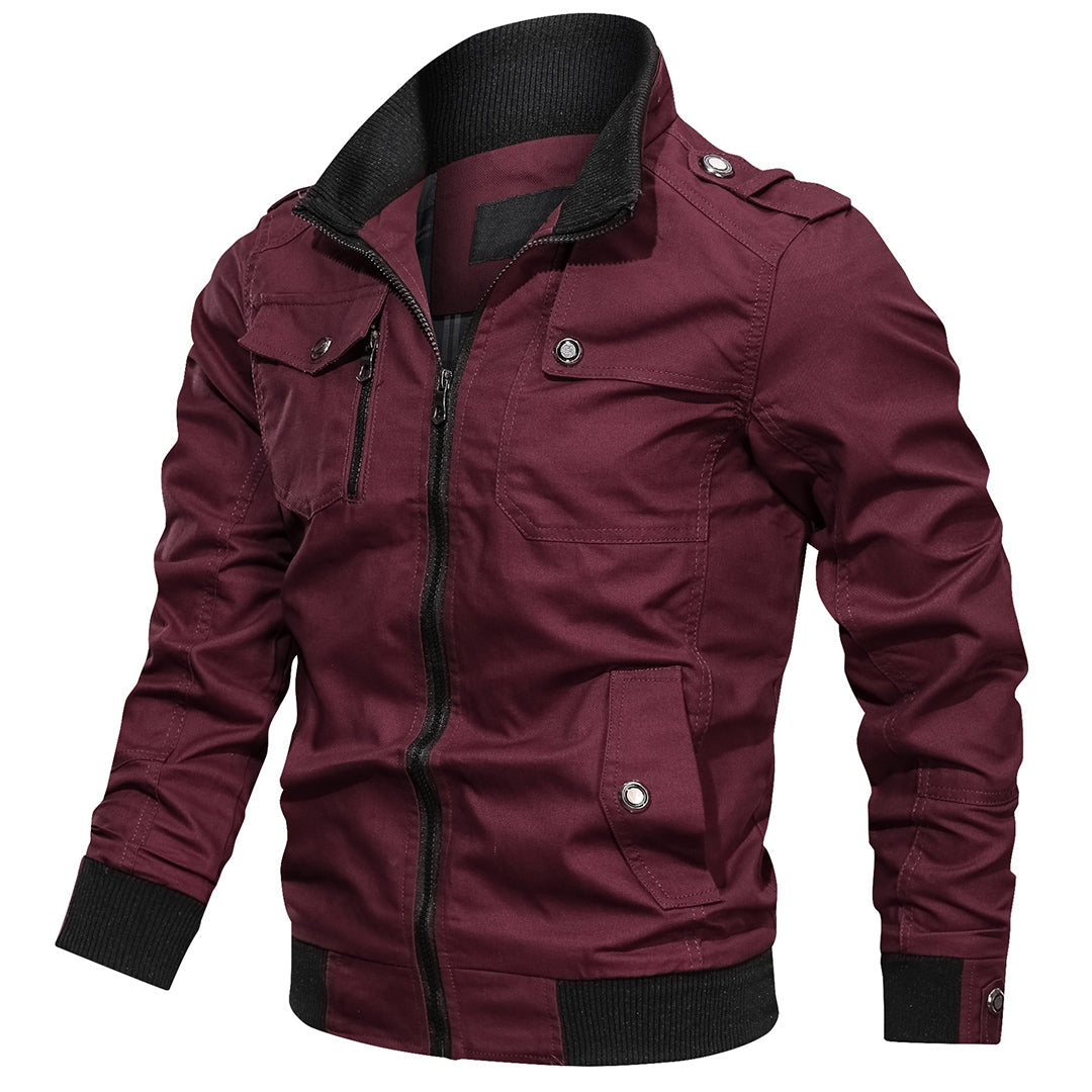 Men's fashion bomber jacket, showcasing its multi-pocket utility and comfortable fit.