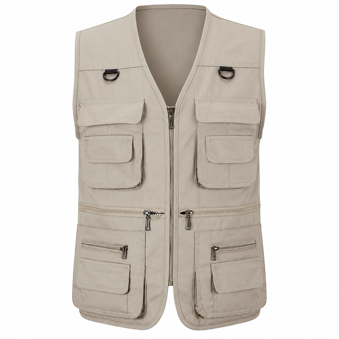 Men's multi-pocket hiking vest, ideal for outdoor adventures & utility. Perfect for gear.