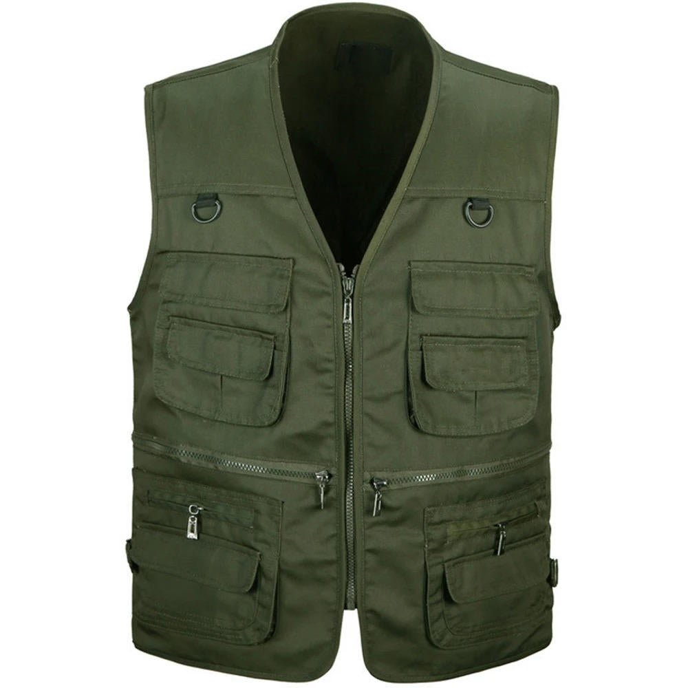 Versatile men's adventure vest, many pockets for gear. Ideal for hiking, travel & fishing.