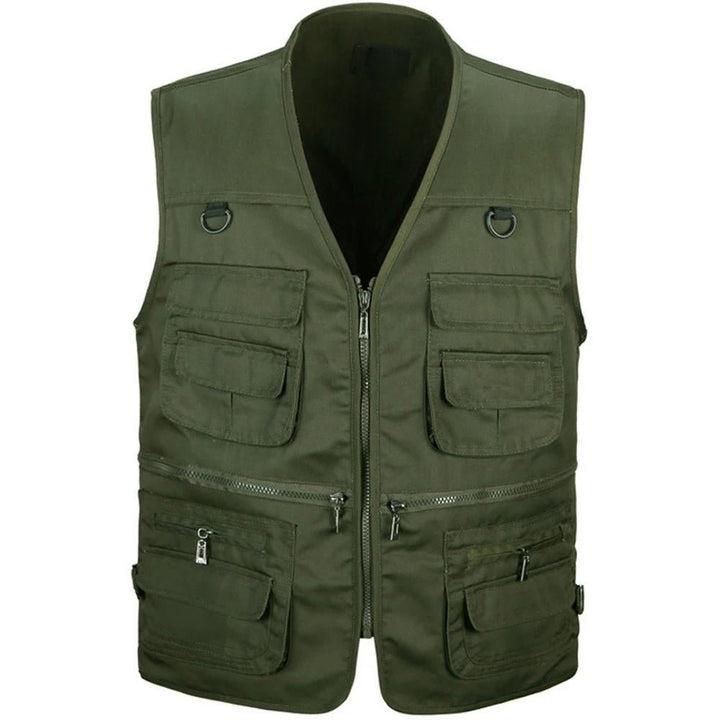 Versatile men's adventure vest, many pockets for gear. Ideal for hiking, travel & fishing.