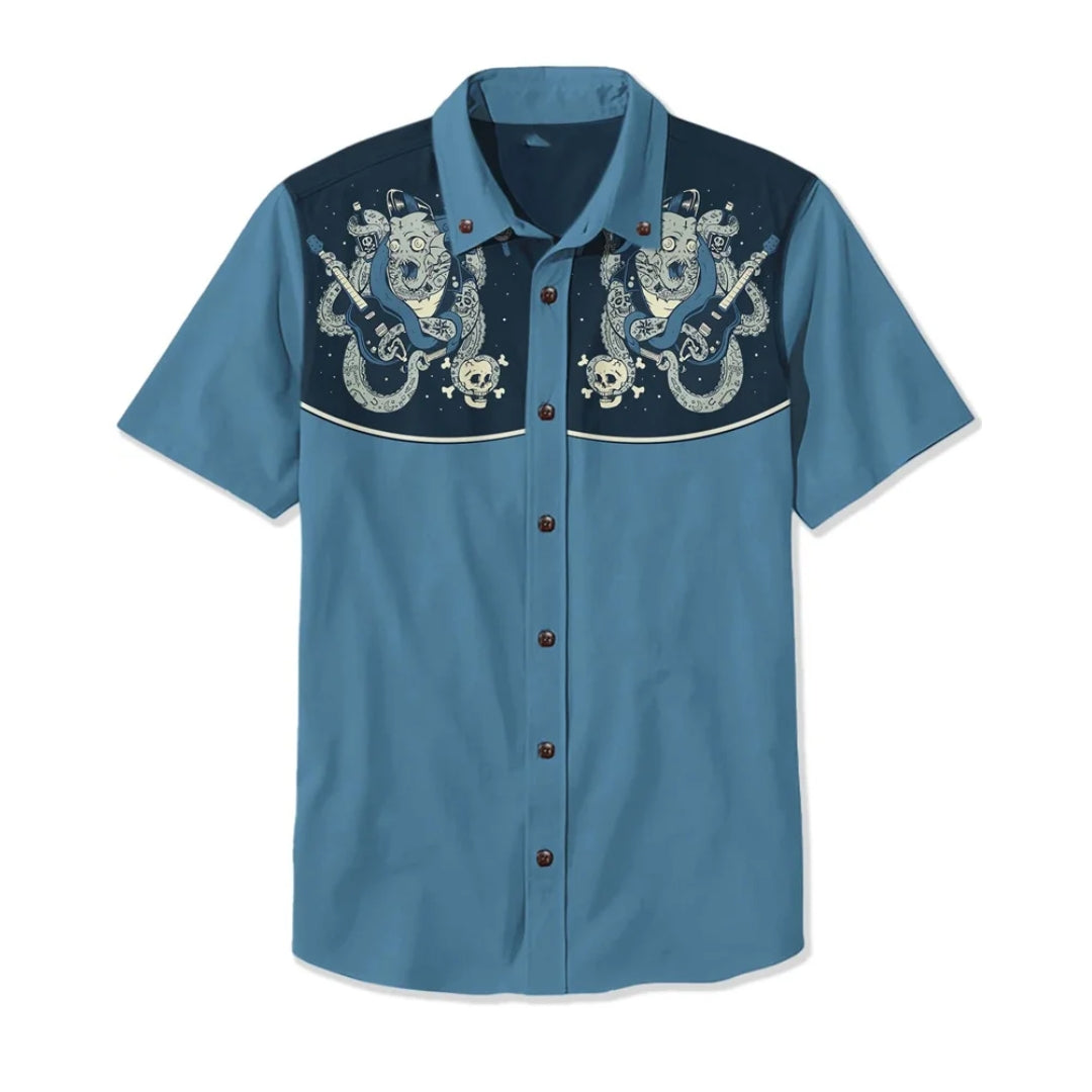 Close-up of unique embroidery on a men's vintage-style Nashville Western button-down shirt.