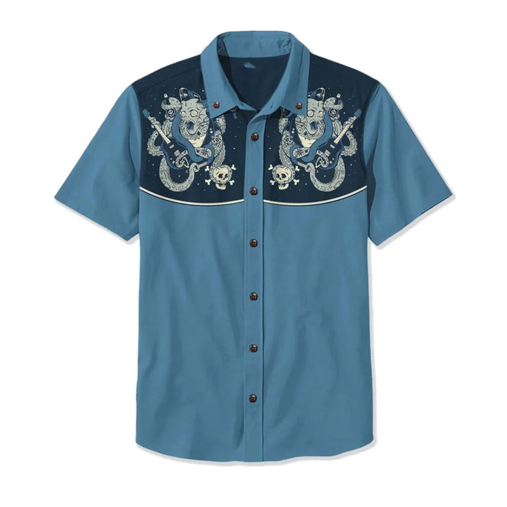 Close-up of unique embroidery on a men's vintage-style Nashville Western button-down shirt.